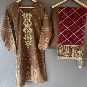 Elegant Brown Embroidered Suit with Rich Maroon Dupatta
